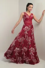 Women's V-Neck, Thick Strap, Waist-Decollete, Embroidered Long Flared Dress