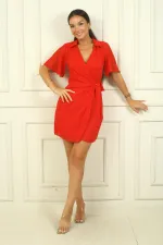 Women's Wrap Polo Collar Lined Chiffon Dress with Buckle Detail and Lace-up Waist