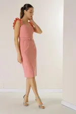 Askıları Fırfırlı Glop Detaylı Astarllı Beli Kemerli Krep Elbise