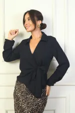 Wrap Collar, Cuff Button Detail Crepe Satin Blouse