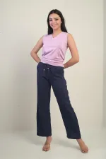 Pantalon palazzo en mousseline pour femme, avec taille élastique et poches