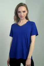 Kadın Yakası Simli V Yaka Kısa Kol Bluz