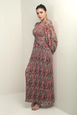 Robe longue en mousseline plissée à col en V doublée et à motifs floraux pour femme