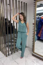 Kadın V Yaka Önü Düğmeli Bluz Beli Lastikli Cepli Palazzo Pantolon Ayrobin 2'li Takım