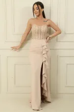 Women's Long Dress with Beaded Embellishment, Underwired, Transparent, Ruffled Front, and Slit, Lined.