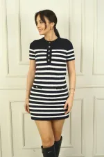 Women's Striped Soft Short Dress with Button Detail at Front