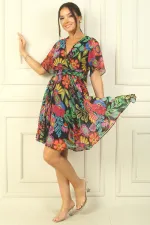 Fresh Pattern Chiffon Short Dress with Double Breasted Collar, Flounce Sleeves, Lined Waist Belt