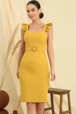 Askıları Fırfırlı Glop Detaylı Astarllı Beli Kemerli Krep Elbise