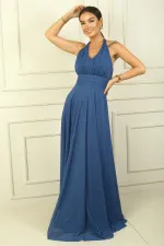 Kadın Boyundan Bağlamalı Taş Baskılı Astarlı Uzun Tül Elbise