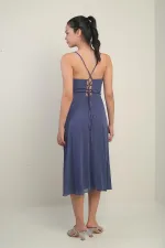 Kadın İp Askılı Kruvaze Yaka Astarlı Arkası Bağcıklı Kloş Şifon Elbise