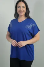 Women's Shoulder Stone Print V-Neck Batwing Sleeve BB Blouse