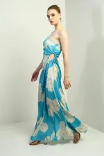 Kadın Tek Omuz Yandan Pencereli Büyük Yaprak Desenli Uzun Krep Saten Elbise