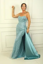 Strapless Lined Satin Train Sequin Long Dress