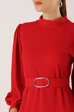 Beli Kemerli Omuz Büzgülü Elbise