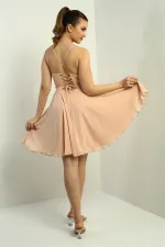 Women's Strappy, Back-Tie, Front-Opening, Lined Chiffon Short Flared Dress