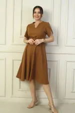 V-Neck Dress with Sleeve Detail and Belted Waist