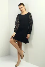 Women's Short Dress with Flocked Print on Sleeves and Hem, and Ruffled Detail.