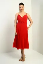 Women's Strappy Wrap Neckline Lined Lace-Up Back Flared Chiffon Dress