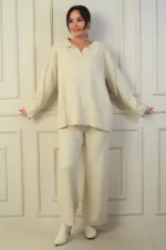 Pull à col polo, pantalon palazzo à taille élastiquée, ensemble 2 pièces en maille