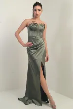 Women's Strapless Front Underwire Lined Satin Long Dress