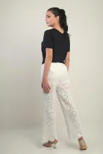 Women's Elastic Waist, Half-Lined, Wide-Leg, Embroidered Trousers