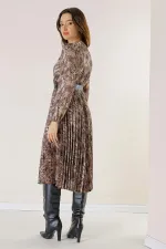 Double-Breasted, Belted, Lined, Snake Patterned Pleated Satin Dress