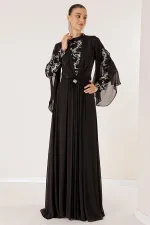 Pullu Yaldızlı Beli Taş Ve Tüy Detay Kemerli Astarlı Karışık Desenli Büyük Beden Şifon Uzun Tesettür Elbise