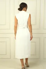 Women's Wrap Neck, Lined, Button-Front Crepe Dress with Stone Embellishments and Belt