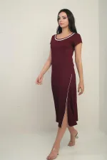 Women's Madonna Neckline Trimmed Slit Crystal Long Dress