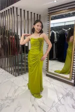 Women's Strapless 3D Floral Draped Lined Lycra Long Dress