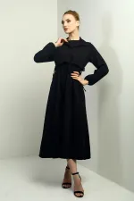 Women's Button-Down Detachable Vest, Elastic Waist, Long-Sleeved Midi Dress