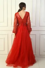 Kadın Pul Detaylı Arkası Bağcıklı Astarlı Simli Uzun Abiye Elbise