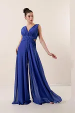 Waist-detailed, front and back V-neck, lined chiffon jumpsuit.