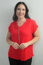 V-Neck Crepe Satin Necklace Plus Size Blouse