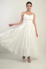 Kadın Degaje Straplez Yaka Astarlı Organze Saten Midi Elbise