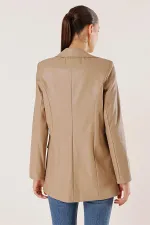 Çift Düğmeli Sahte Cepli Astarlı Deri Ceket