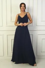 Kadın İp Askılı Drapeli Astarlı Şifon Uzun Elbise