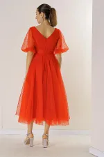 Ön Arka V Yaka Kısa Balon Kollu Astarlı Tomurcuk Desen Simli Dalya Kumaş Elbise