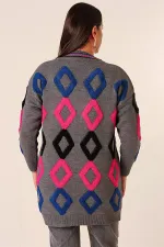 Oversize Havlu Baklava Desen Uzun Triko Hırka