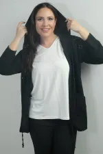 Cardigan grande taille pour femme, à capuche, boutonné sur le devant, avec poches et volants