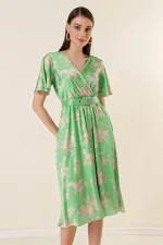 Ön Arka Kruvaze Yaka Astarlı Çiçekli Saten Elbi