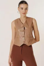 Önü Düğmeli Cepli Astarlı Deri Yelek