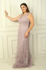 Kadın Omzu Püsküllü Astarlı Boncuk Ve Taşlı Büyük Beden Uzun Elbise