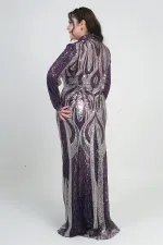 Women's High Neck Sequin Embellished Lined Plus Size Long Dress