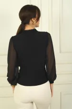 Chemise boutonnée pour femme, manches en tulle et col mandarin