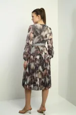 Women's Wrap Neckline Belted Lined Floral Patterned Pleated Midi Chiffon Dress