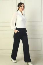 Women's Wide-Leg Steel Trousers with Elastic Waist, Side Pockets, and Trim