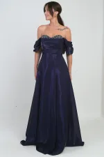 Kadın Parlak Taş Detaylı Straplez Düşük Kollu Organze Uzun Elbise