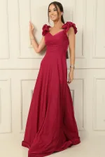 Düşük Volan Kol Drapeli Astarlı Simli Uzun Elbise