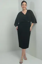 Robe mi-longue en crêpe grande taille pour femme, col en V, drapée, doublée, taille haute